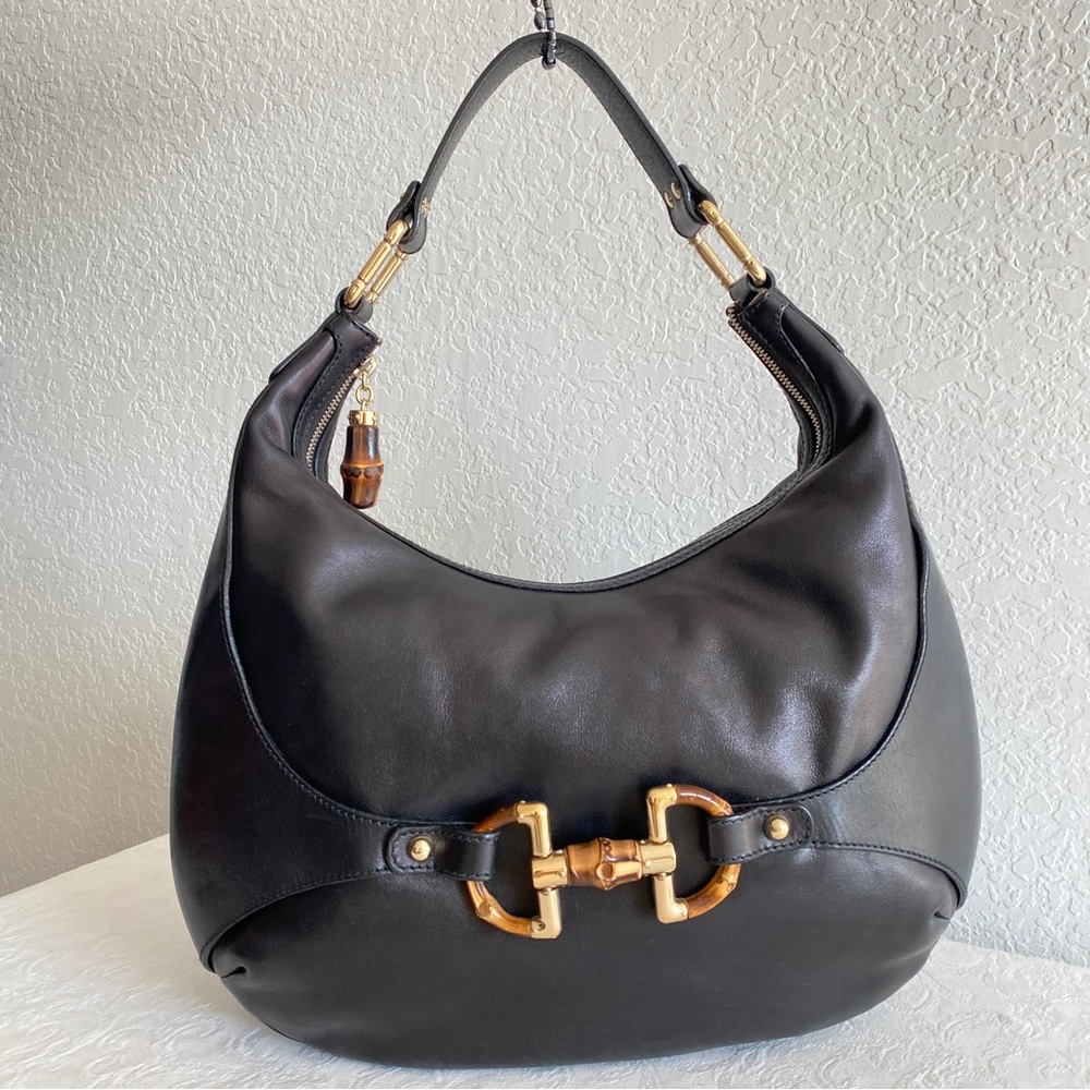 Gucci Black Leather Hobo Bag with Gold Accents
